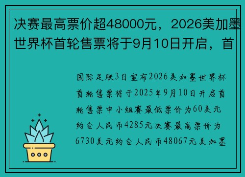 决赛最高票价超48000元,2026美加墨世界杯首轮售票将于9月10日开启,首次48支球队参赛 决赛最高票价超48000元,2026美加墨世界杯首轮售票将于9月10日开启,首次48支球队参赛
